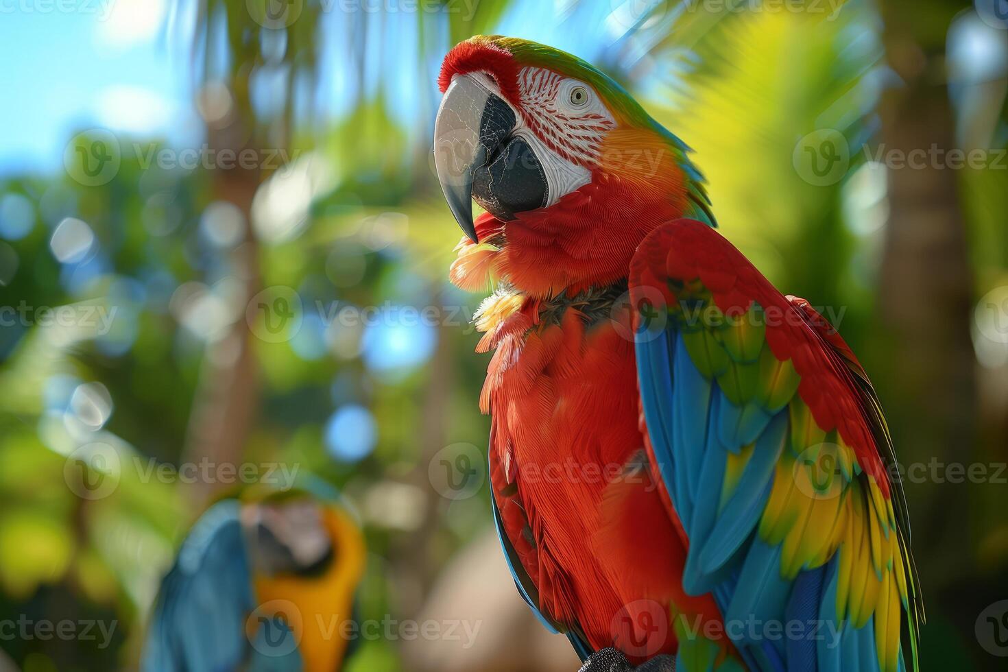 Scarlet macaw perching on branch in tropical rainforest photo