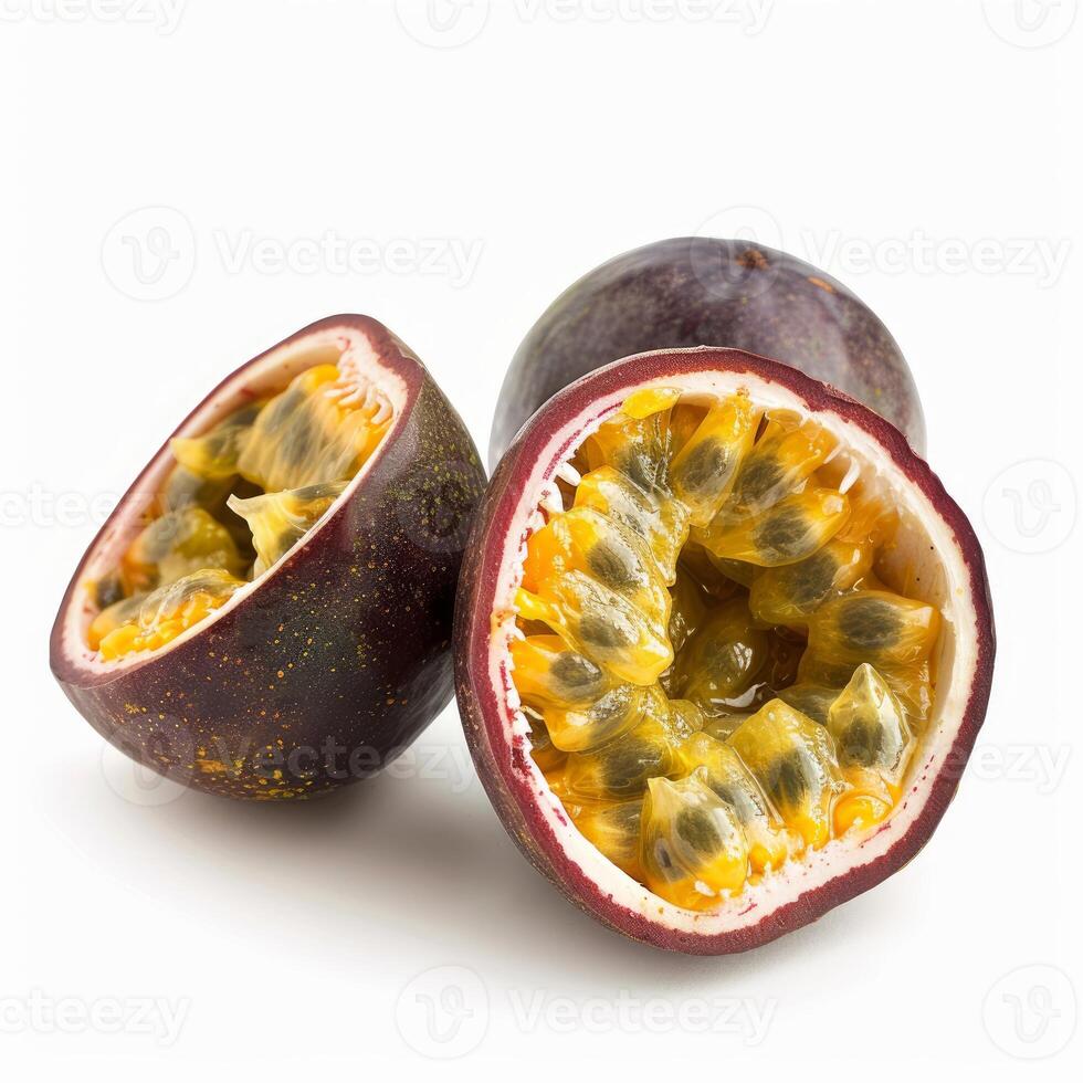 Fresh passion fruit showing juicy seeds and pulp on white background photo