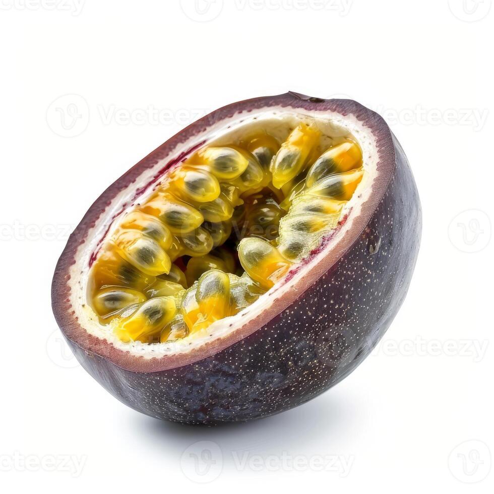 Fresh passion fruit cut in half showing juicy yellow pulp and seeds photo