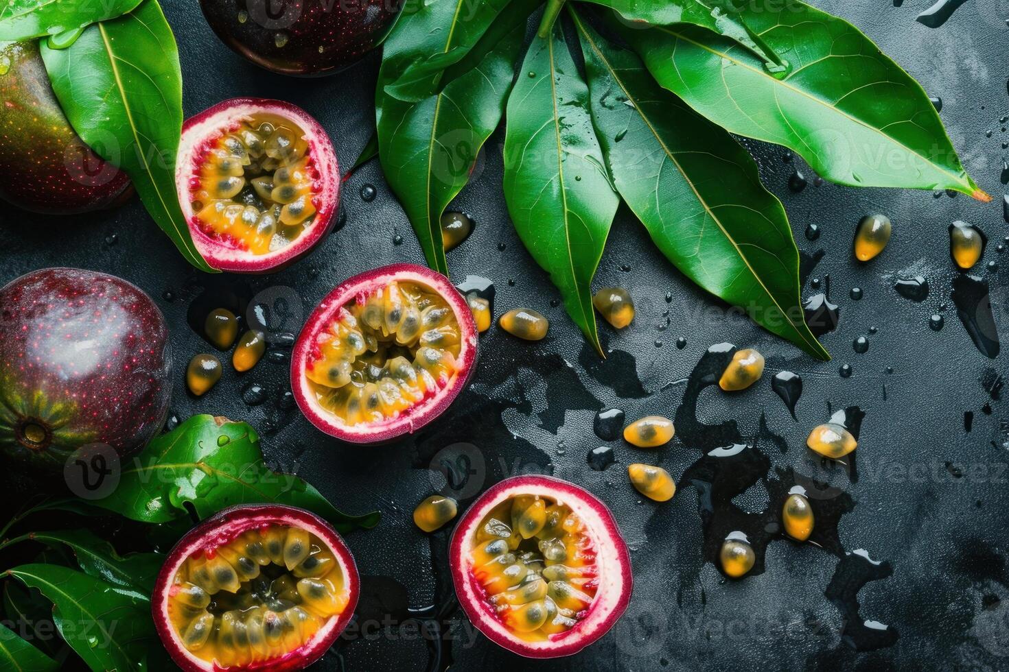 Fresh passion fruits with green leaves and water drops on dark background photo