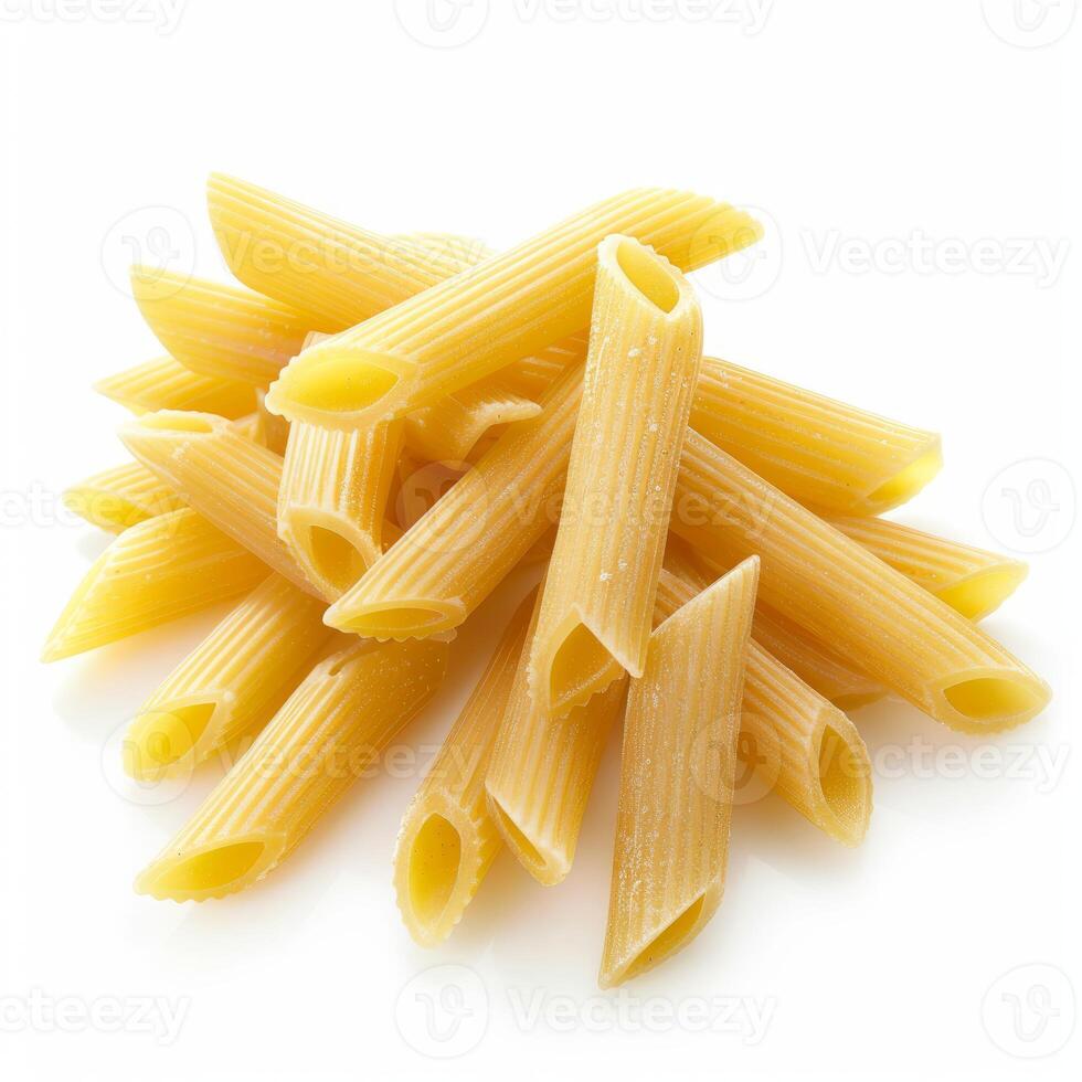 Pile of penne rigate pasta isolated on white background photo