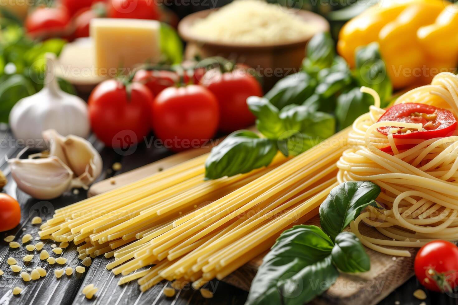 Raw spaghetti with basil, tomatoes, garlic, and cheese create an inviting italian culinary scene photo