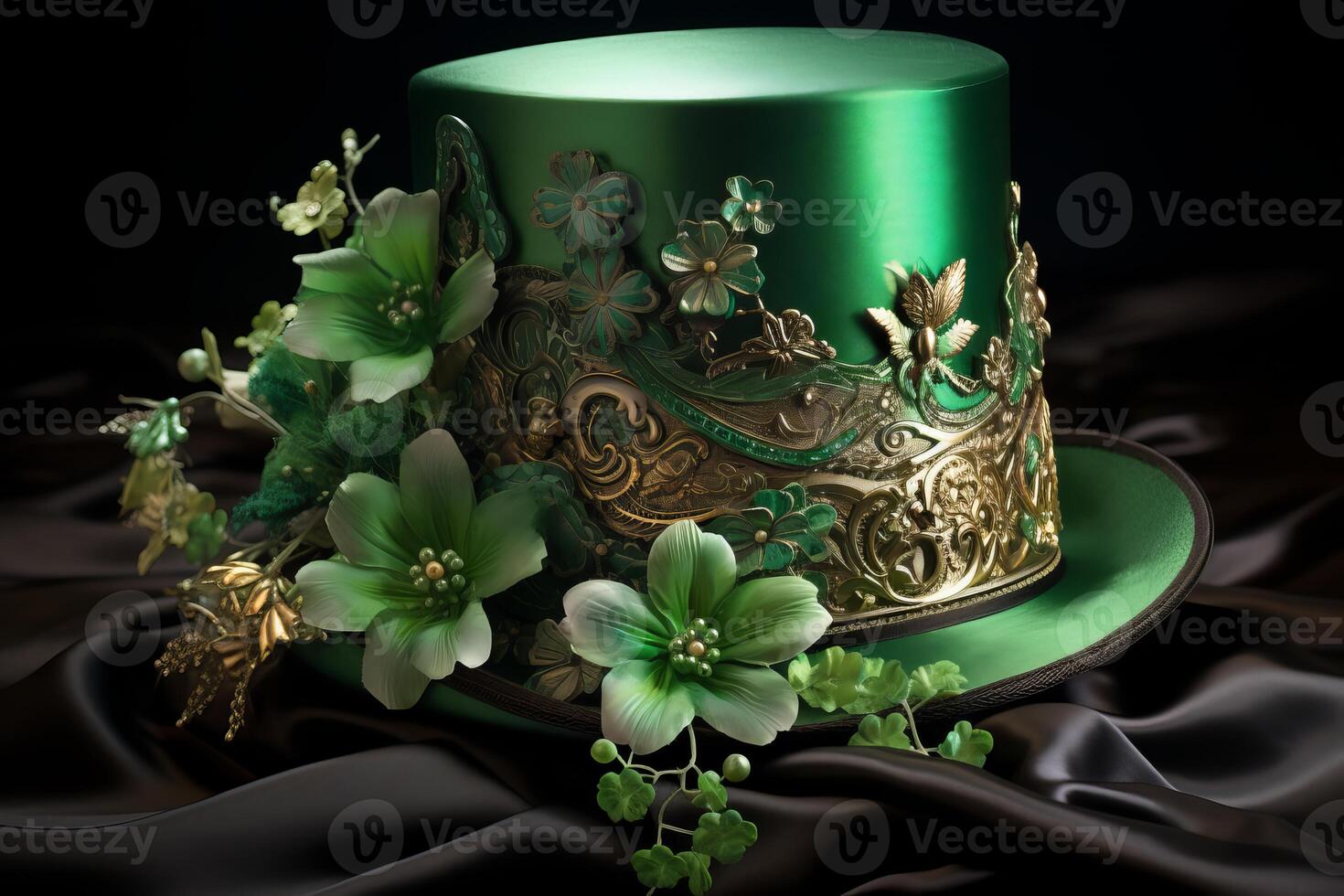 Luxurious green top hat with gold ornaments and flowers resting on silk photo