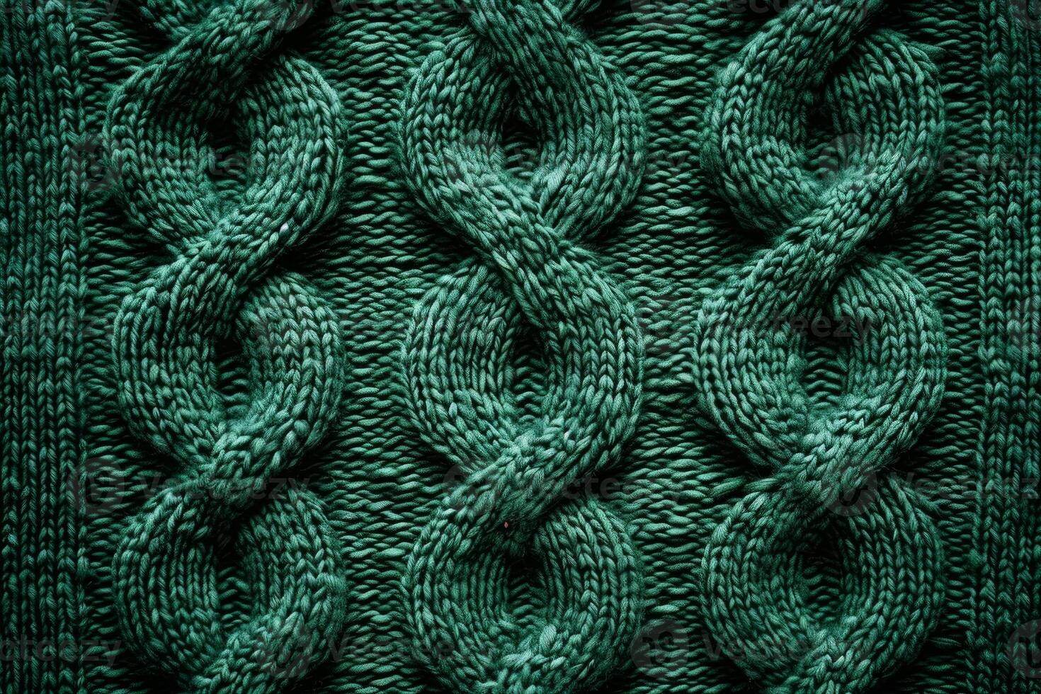 Cable knit fabric texture featuring intricate knit stitches creating repeating pattern in deep green photo