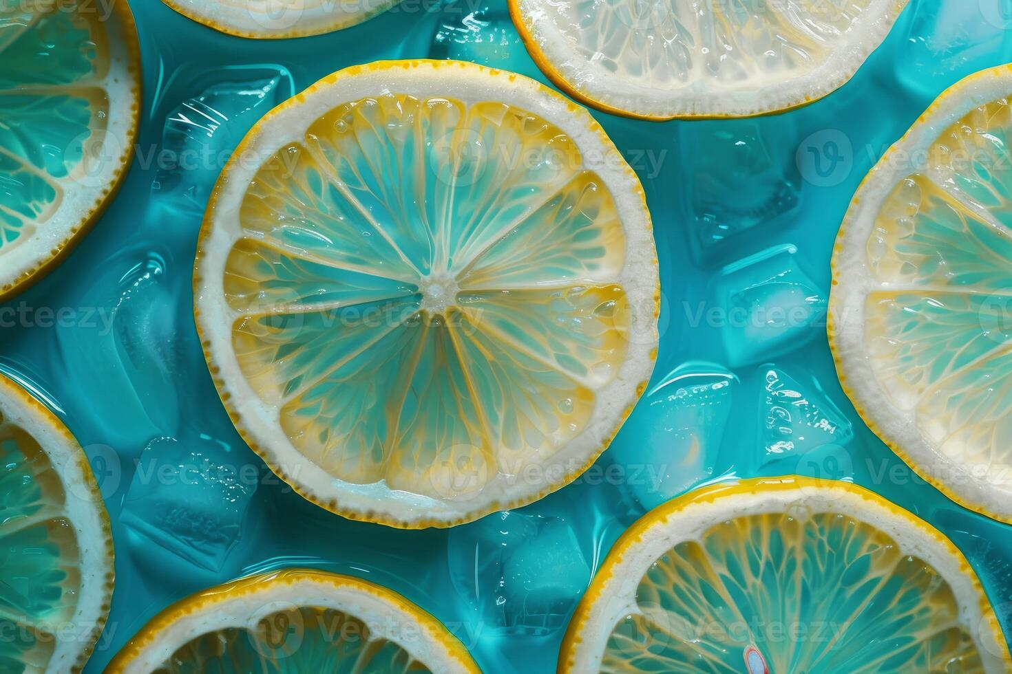Lemon slices floating in turquoise water with ice cubes, refreshing summer drink background photo