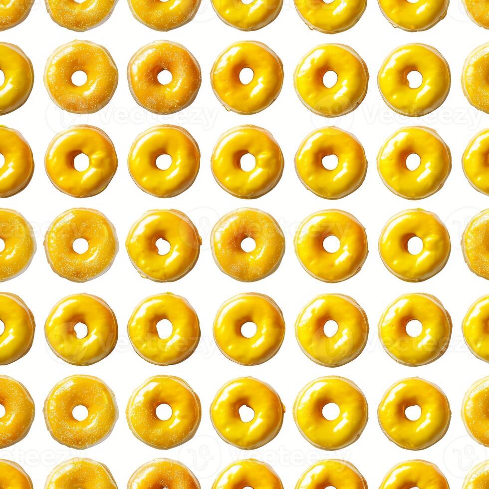 Rows of delicious yellow iced ring donuts creating a pattern photo