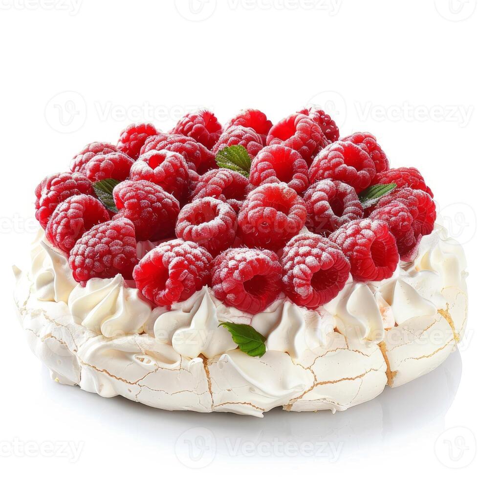 Delicious pavlova meringue cake decorated with fresh raspberries and mint leaves photo