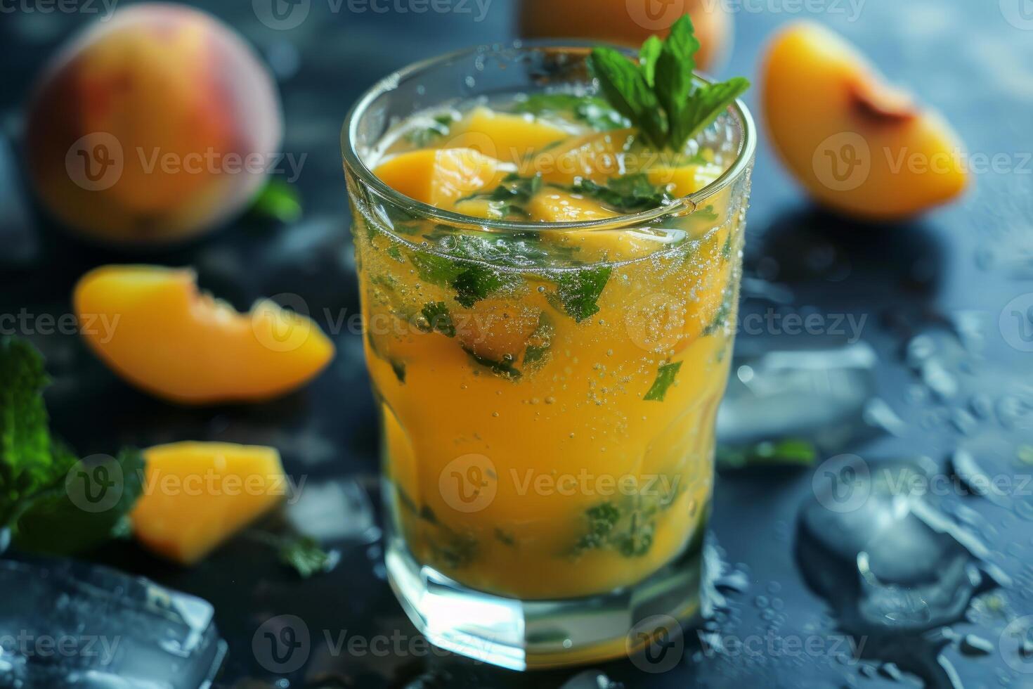 Refreshing peach iced tea with fresh mint and ice cubes on dark background photo