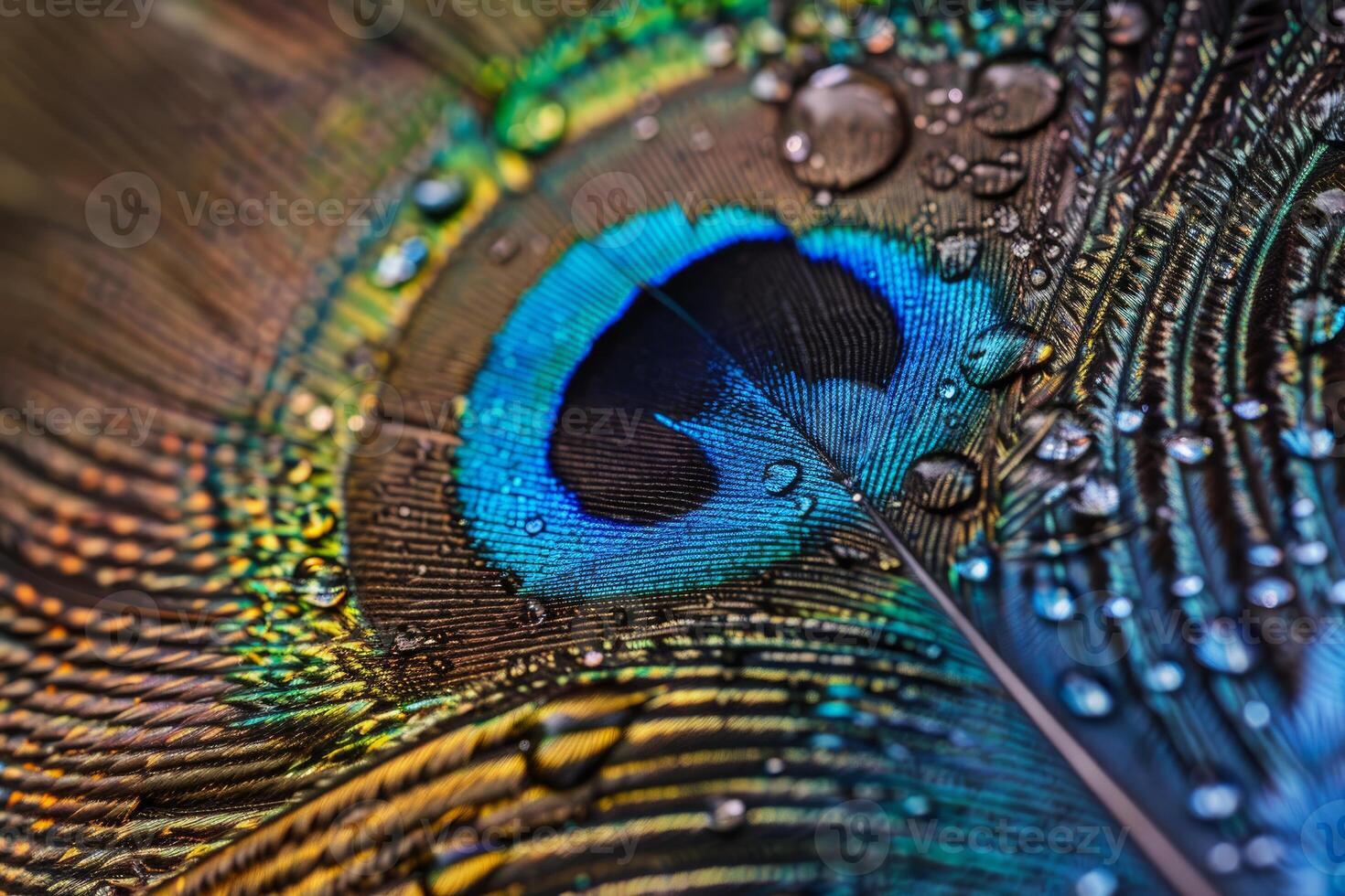 Close up macro of water droplets adhering to vibrant peacock feather photo