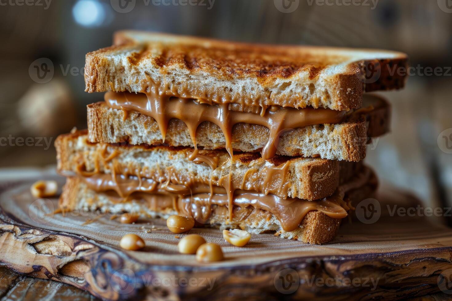 Toasted peanut butter sandwich dripping on wooden cutting board photo