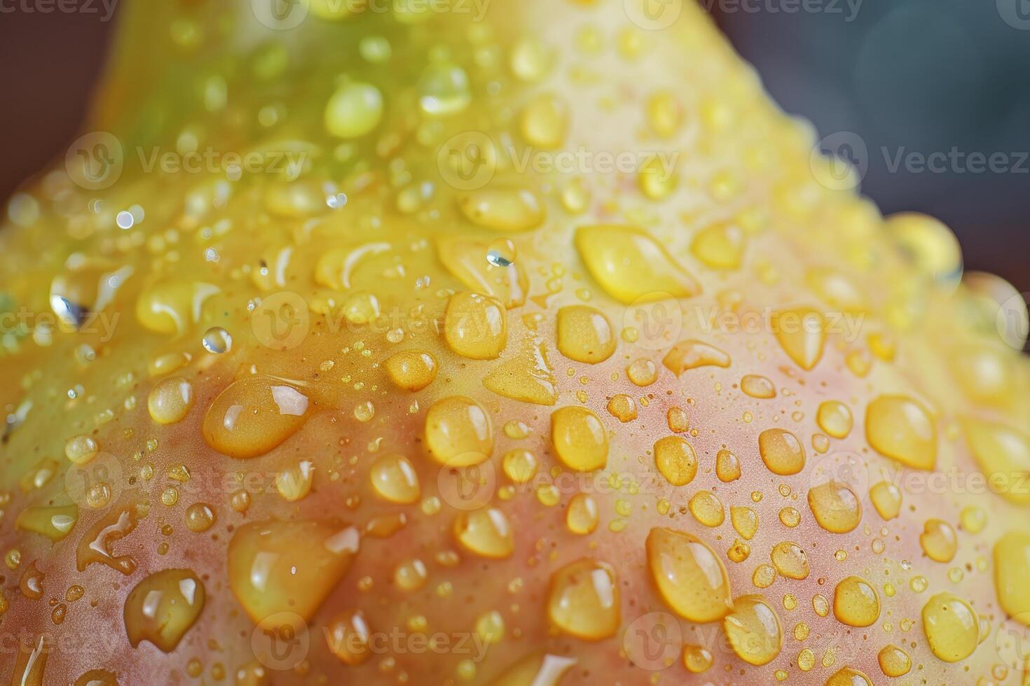 Close up of water droplets on ripe pear skin creating textured surface photo
