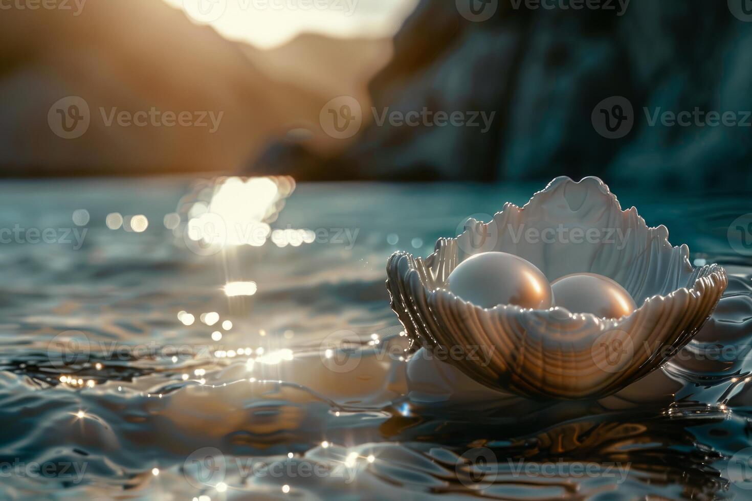 Two pearls resting in an oyster shell, floating on water at sunset photo