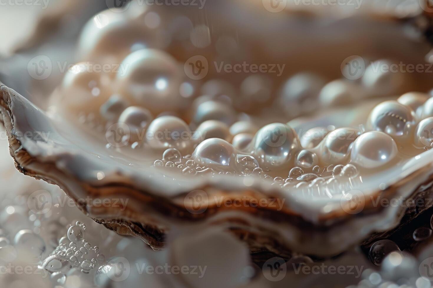Many beautiful pearls lying inside an oyster shell with bubbles of water creating a luxurious atmosphere photo
