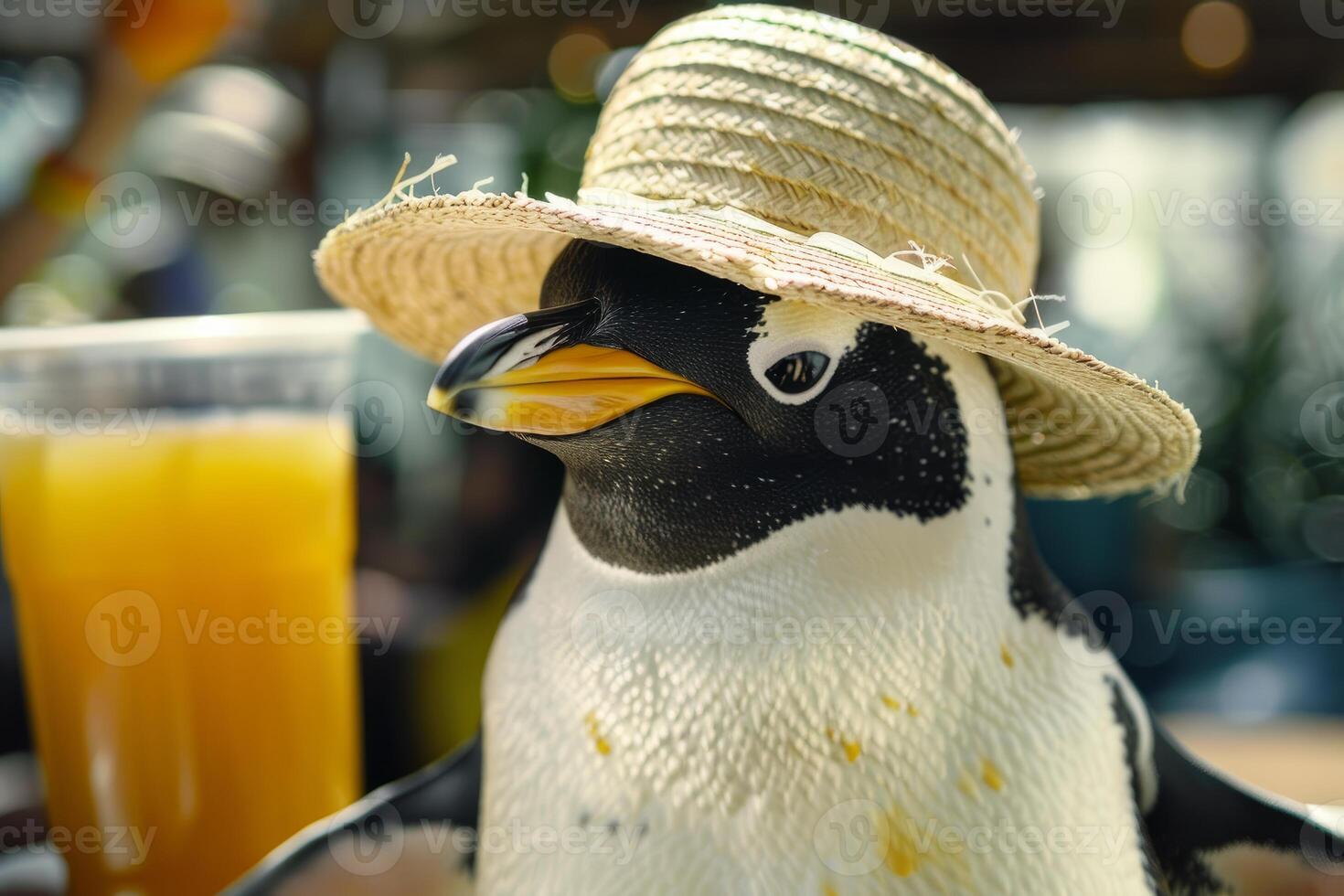 Penguin wearing straw hat enjoying refreshing beverage photo