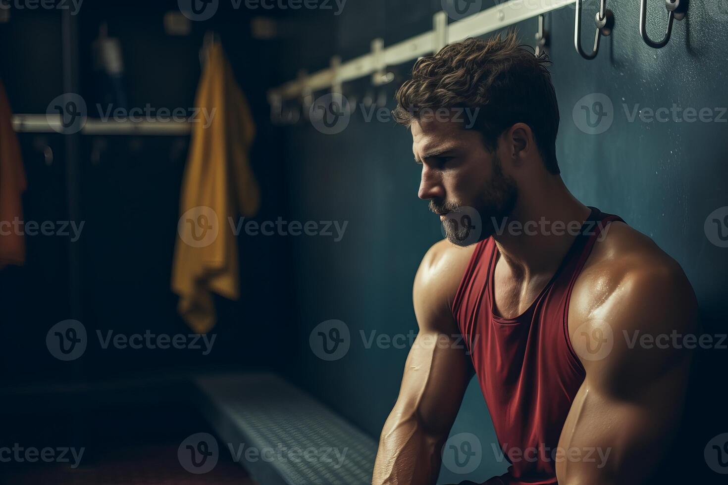 Tired athlete resting after intense workout in locker room photo