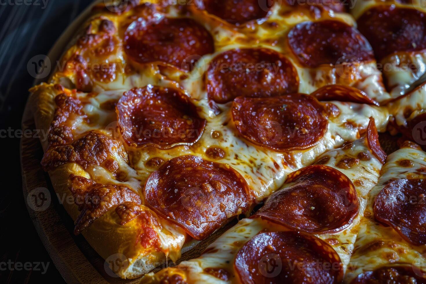 Delicious pepperoni pizza slices resting on wooden board photo
