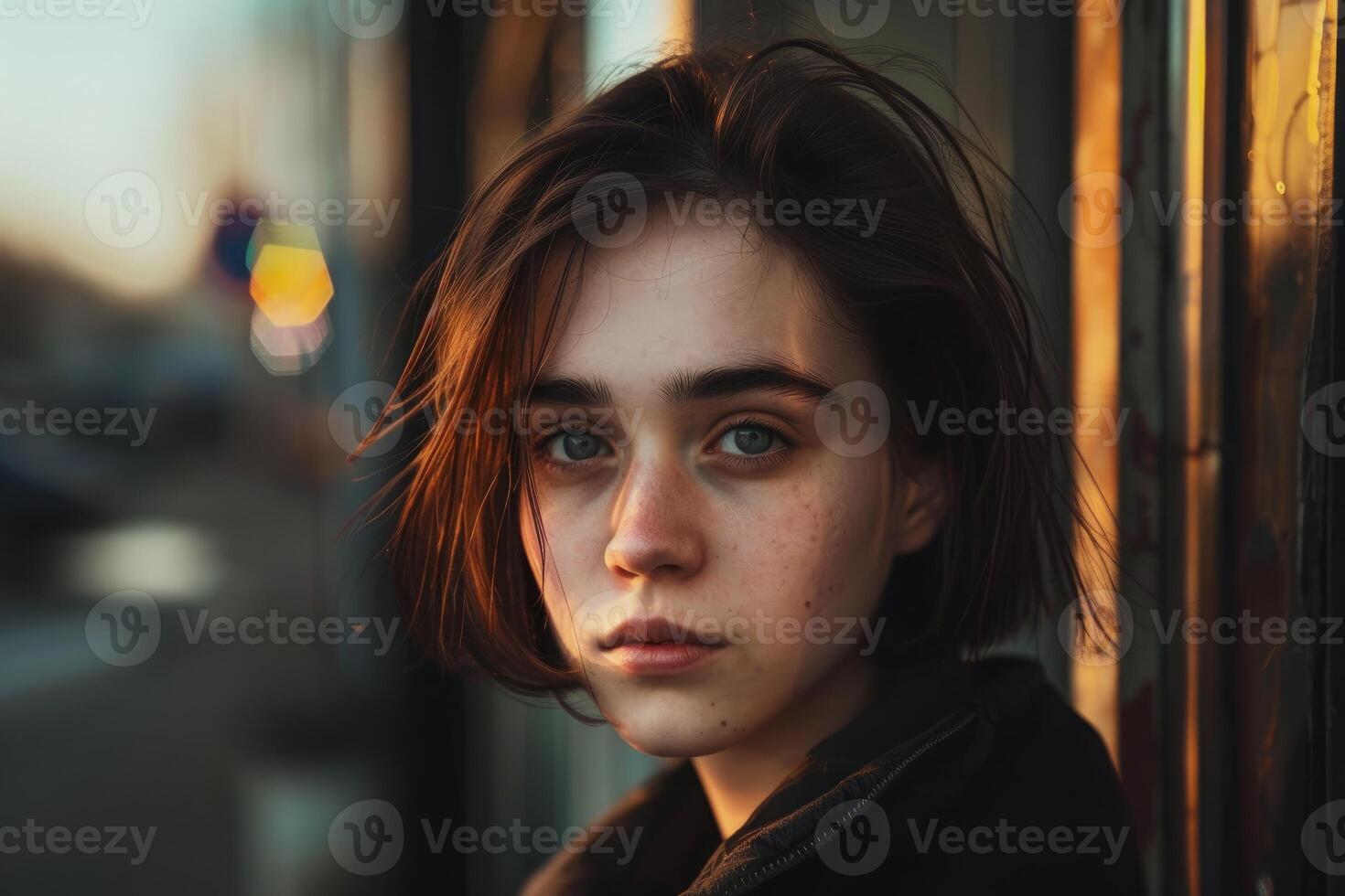 Young woman with freckles posing near a rusty metal structure during sunset photo