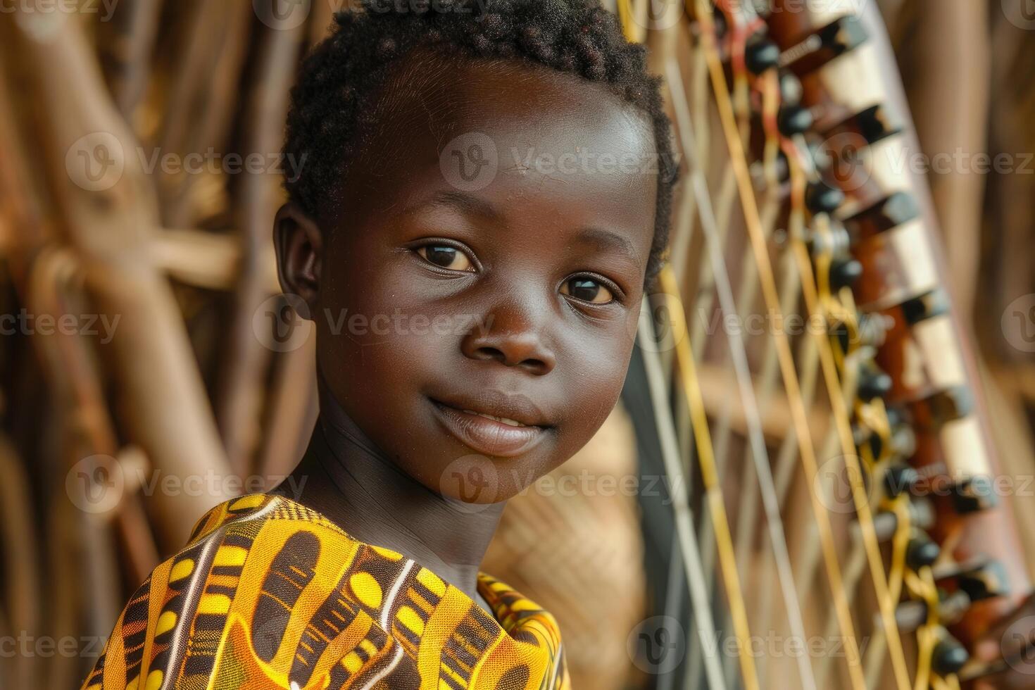Young african musician posing with adungu, a ugandan harp photo