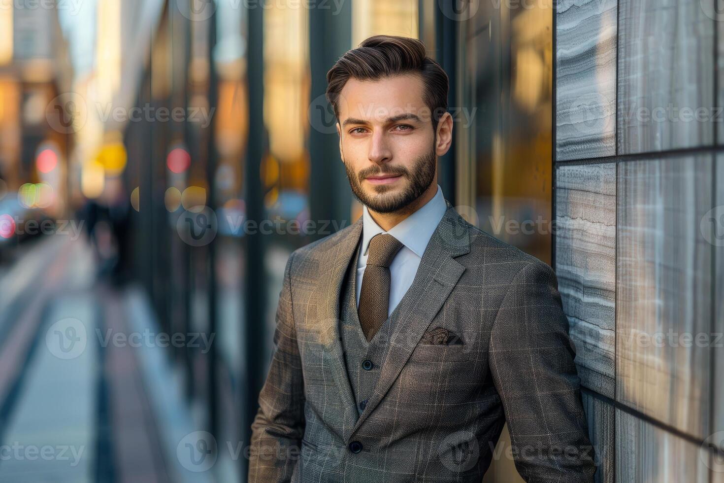 Portrait of a businessman wearing suit and tie standing in the city photo