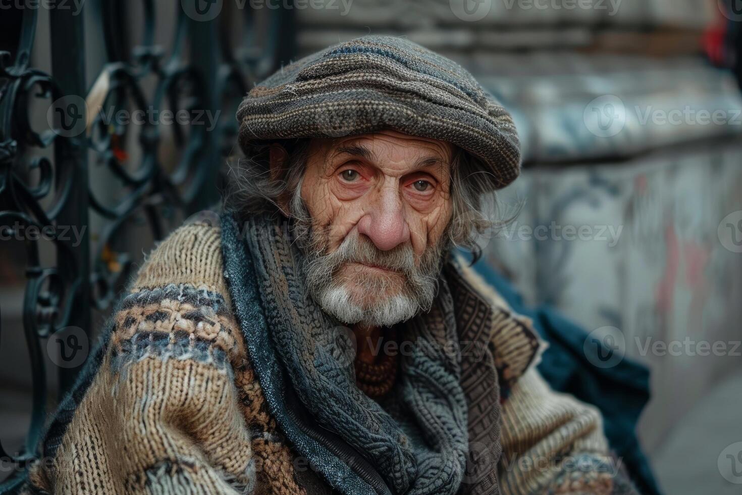 Homeless senior man wearing knitted sweater and hat sitting on street photo