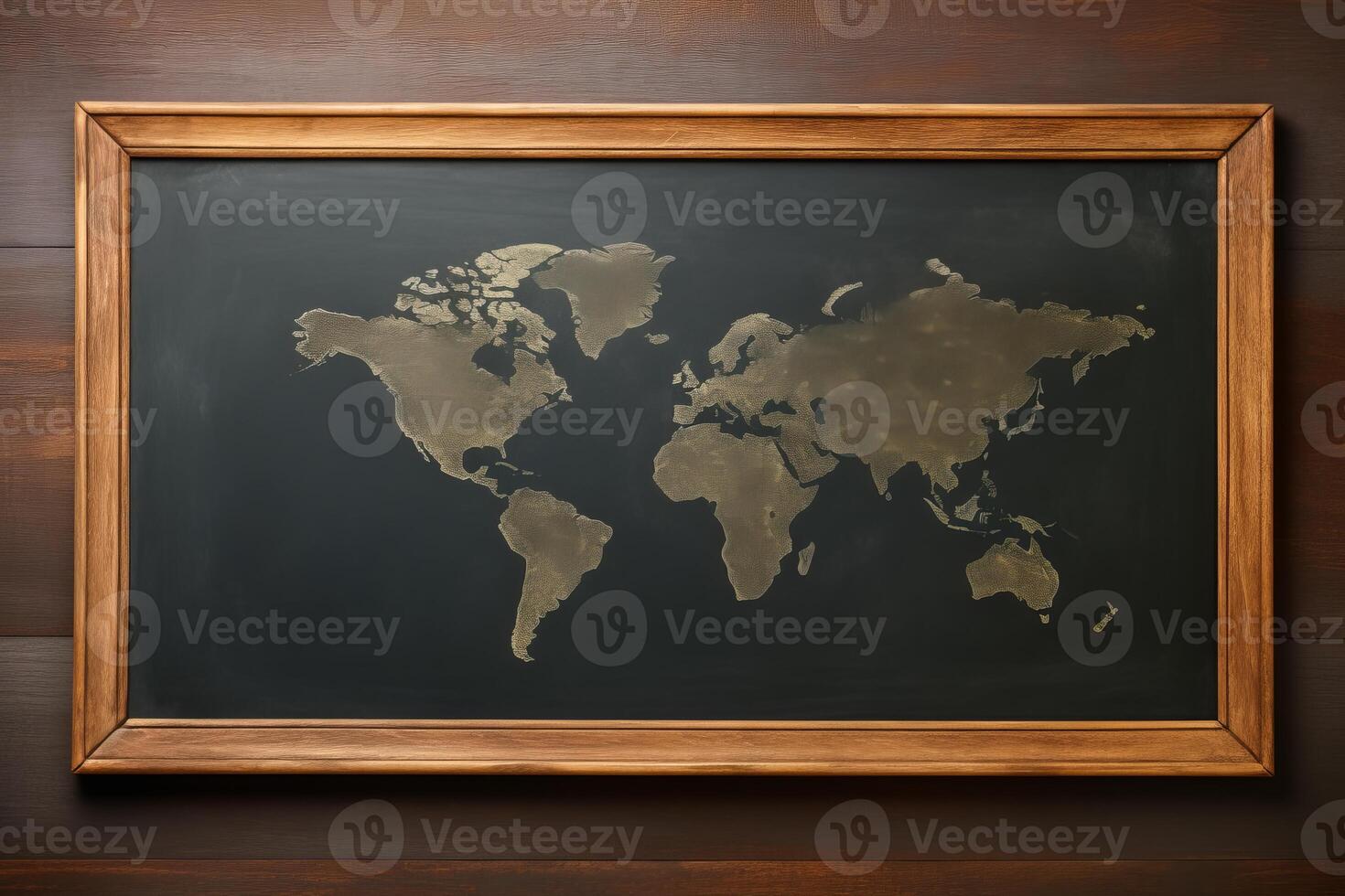 World map drawn on blackboard in wooden frame hanging on wall photo
