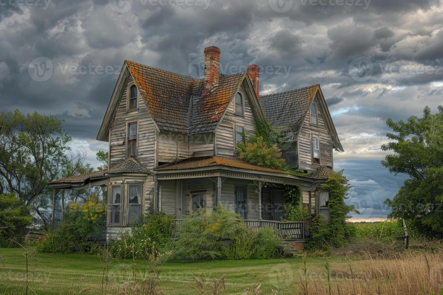 Abandoned house decaying under stormy sky photo