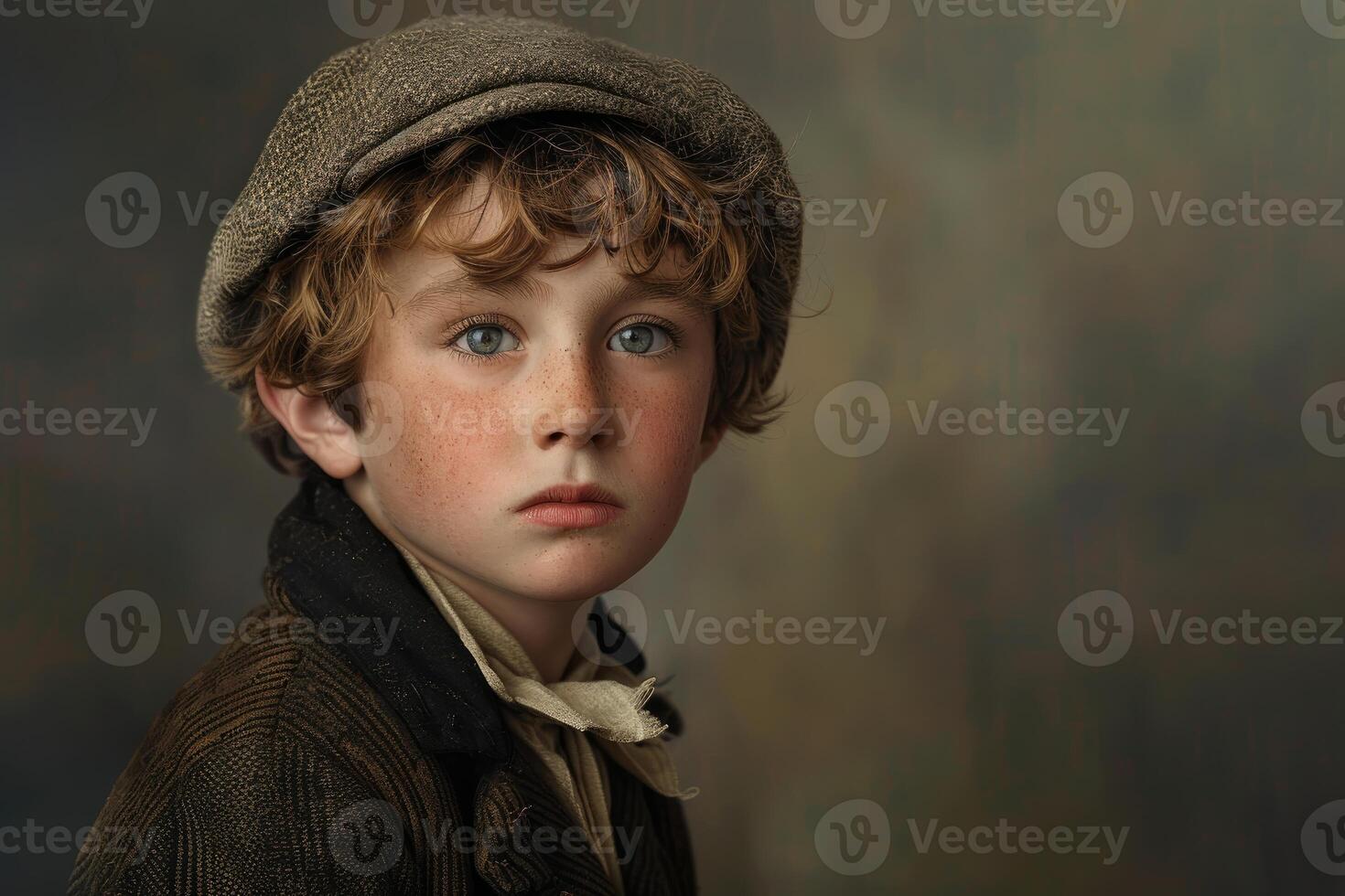 Portrait of young boy wearing flat cap and contemplating with freckles and blue eyes photo