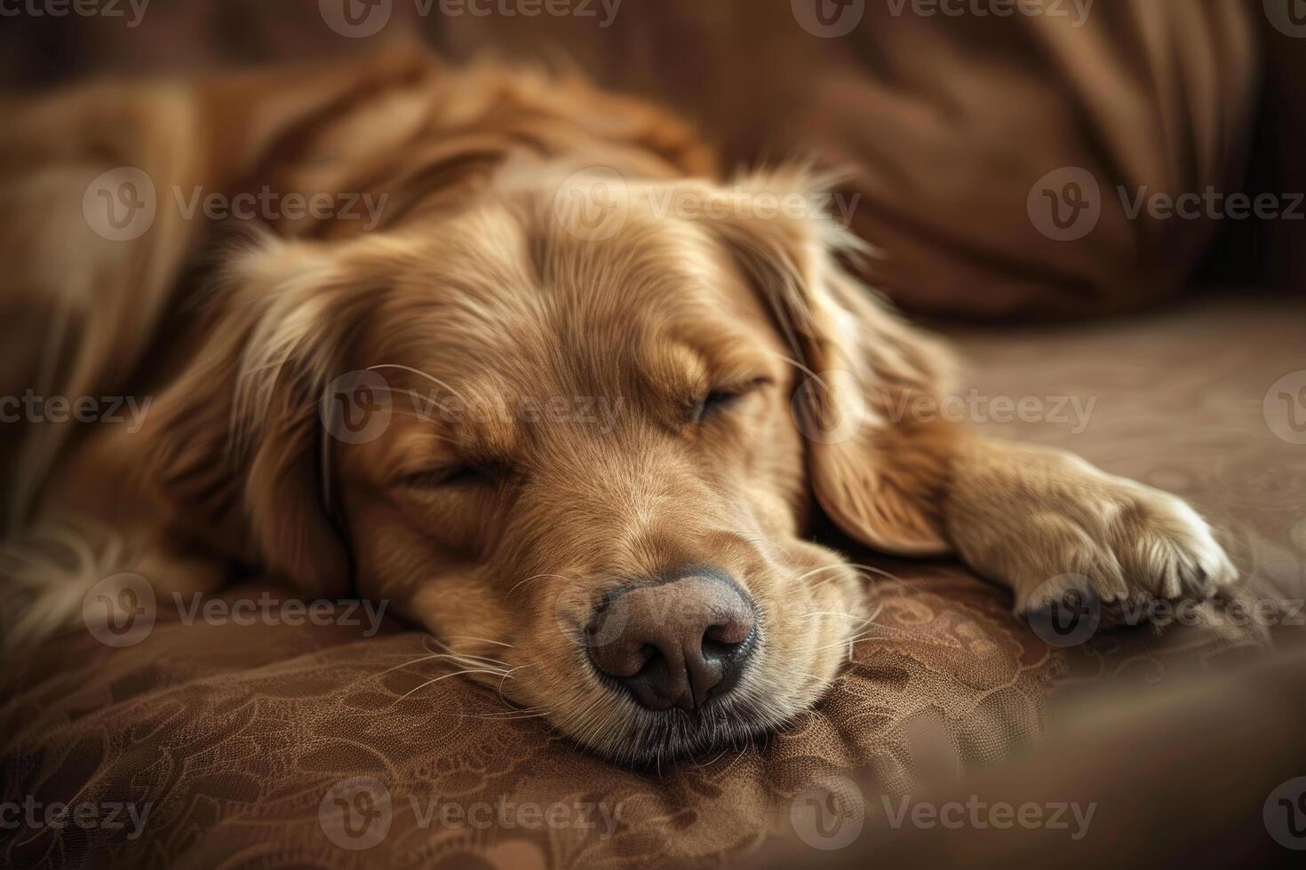 Golden retriever dog sleeping peacefully on brown sofa photo