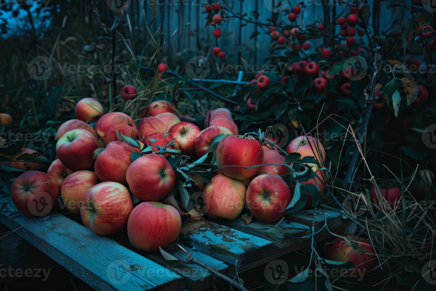 Red apples resting on rustic wooden surface in orchard setting photo