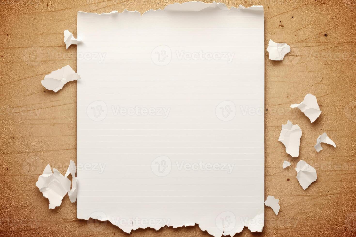 Blank paper with torn edges and crumpled paper on wooden table photo