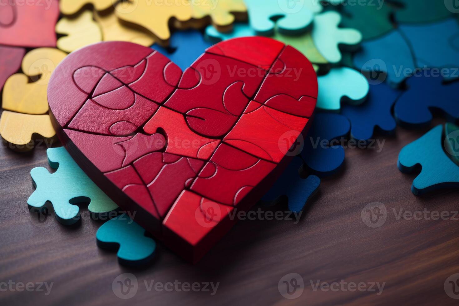 Red heart puzzle forming a complete heart shape on a wooden table photo