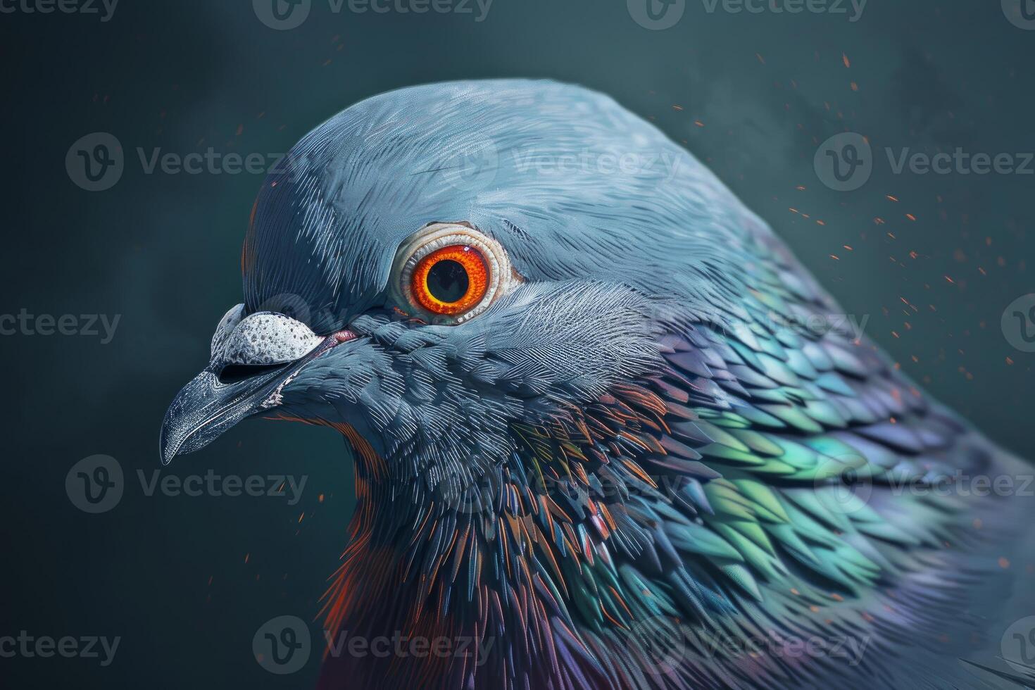 Pigeon showing iridescent feathers and bright orange eye photo