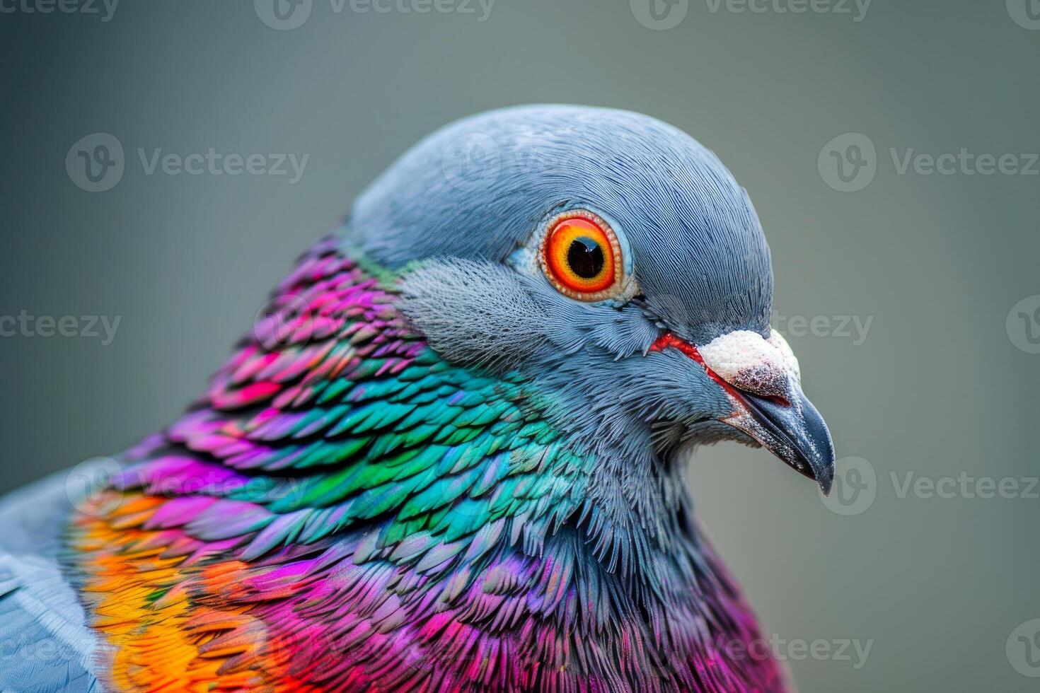 Pigeon showing iridescent neck feathers in close up portrait photo