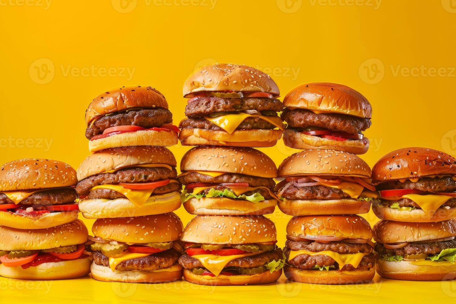 Many cheeseburgers stacked on a yellow background creating a delicious pyramid photo