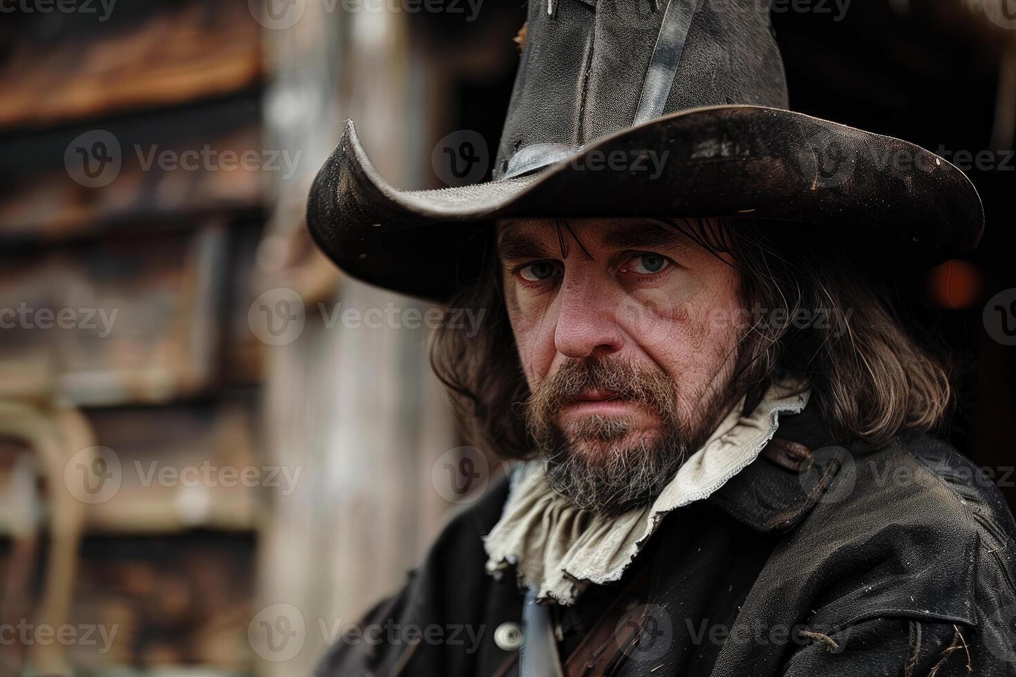 Musketeer posing with serious expression in front of wooden building photo