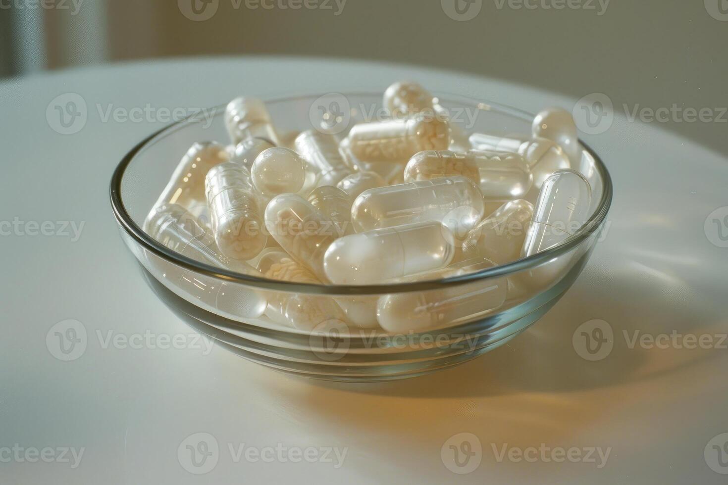 Glass bowl overflowing with white pills on table photo