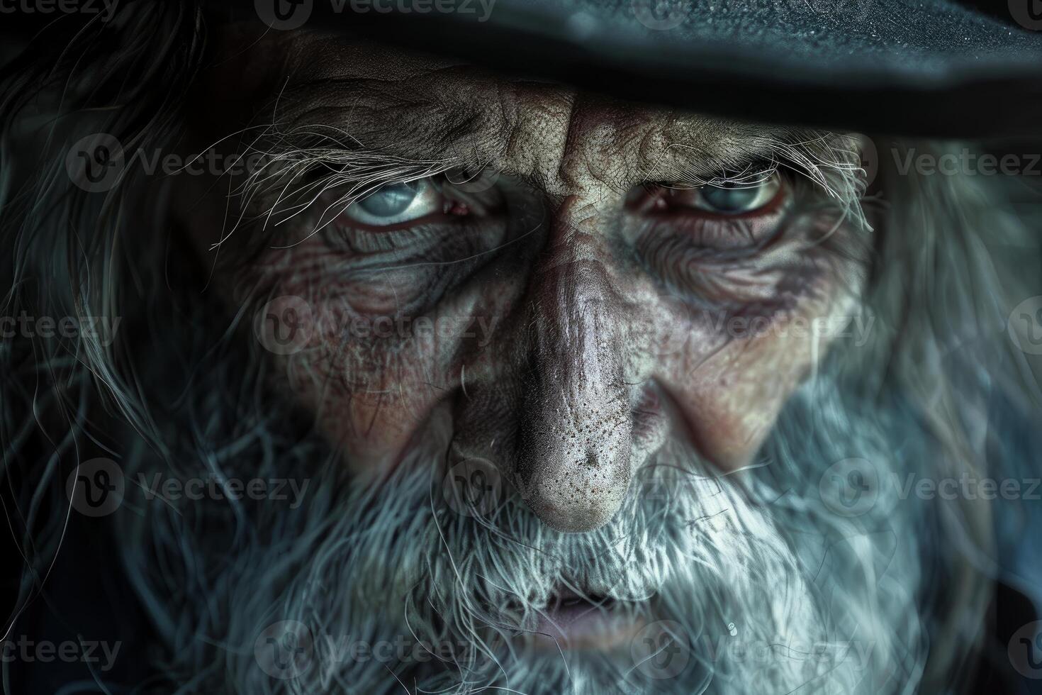 Intense portrait of senior cowboy wearing hat and long white beard photo