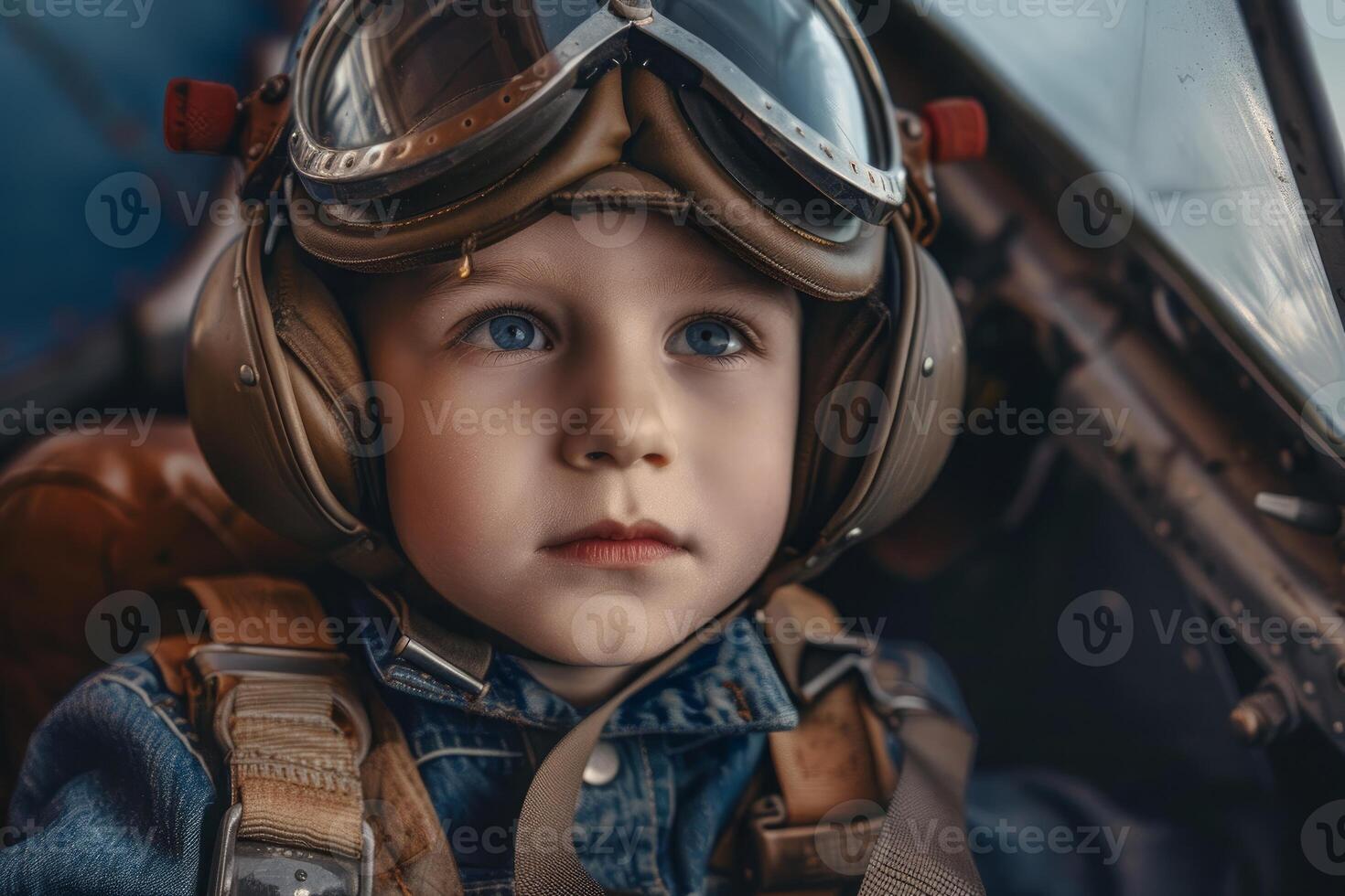 Young boy wearing pilot helmet and goggles sitting in cockpit of vintage airplane photo