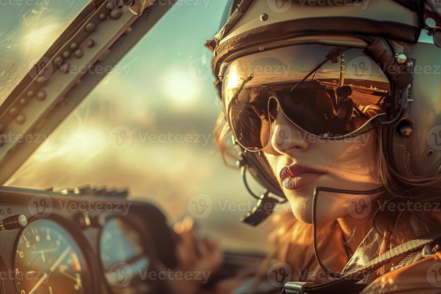 Female pilot wearing helmet and sunglasses is flying a small airplane photo
