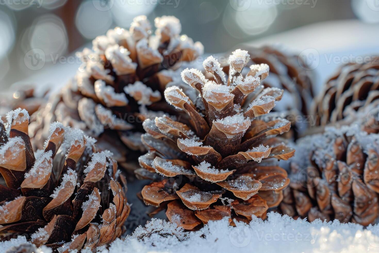 Pine cones resting on snow covered surface in winter photo