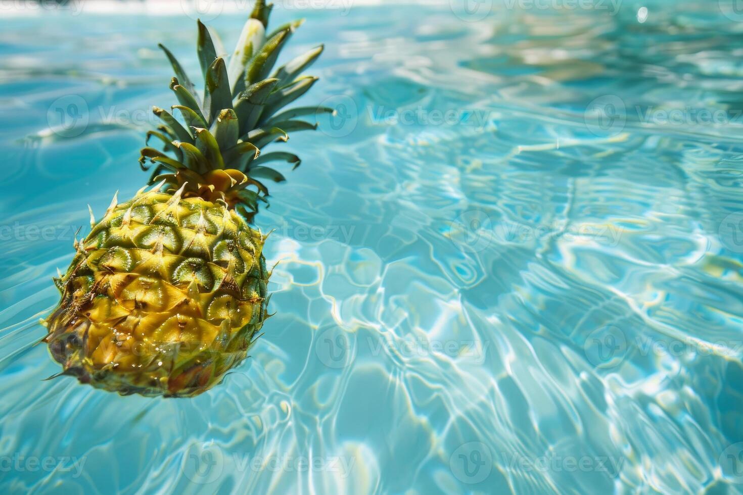 Ripe pineapple floating in refreshing blue swimming pool water photo