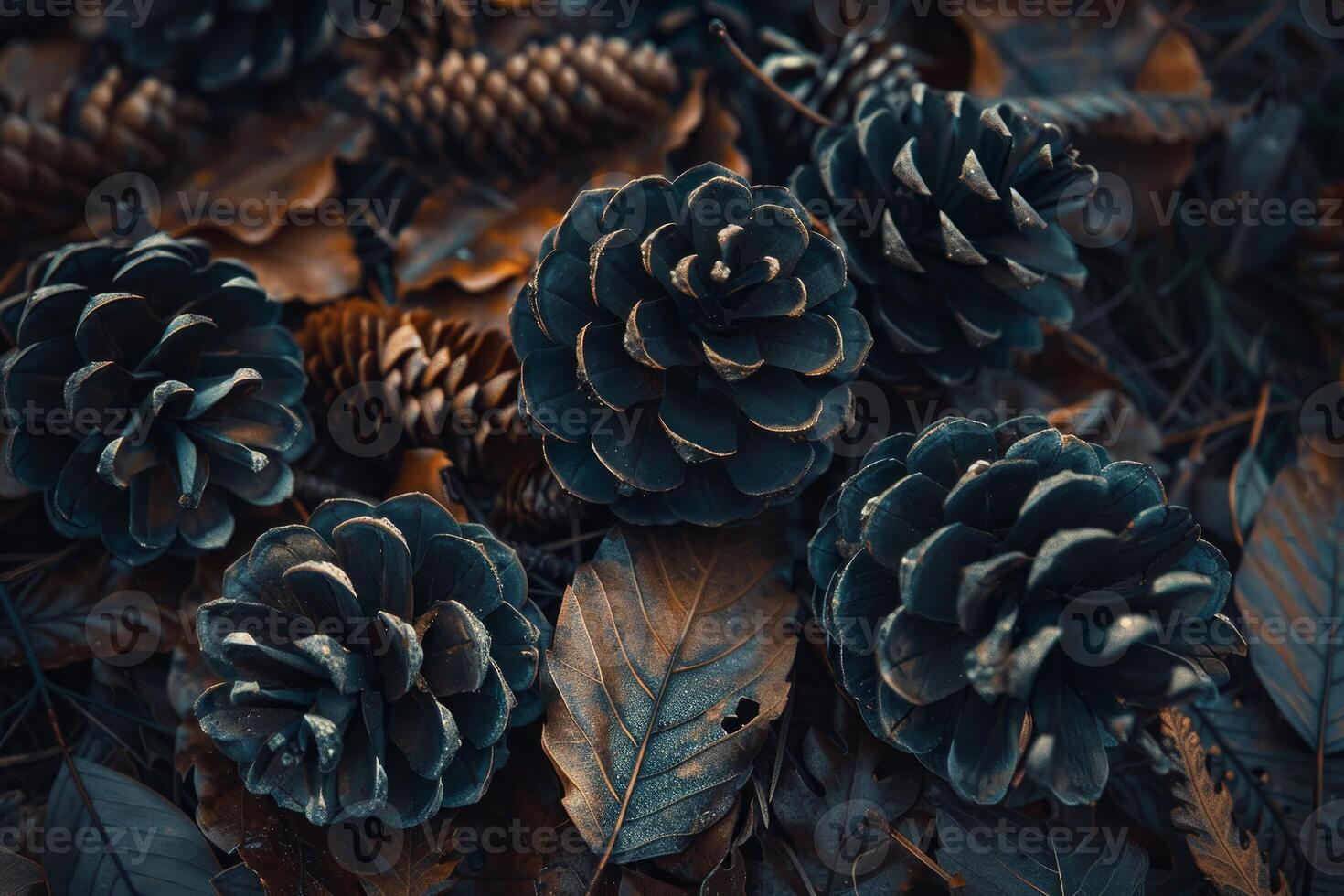 Pine cones resting on fallen autumn leaves creating a seasonal still life photo