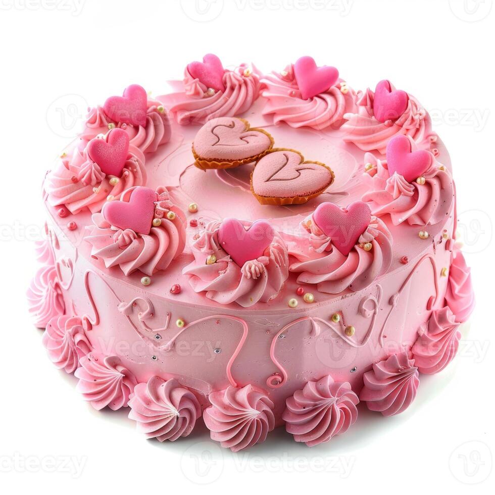 Delicious pink cake decorated with heart shaped cookies and icing for valentine's day photo