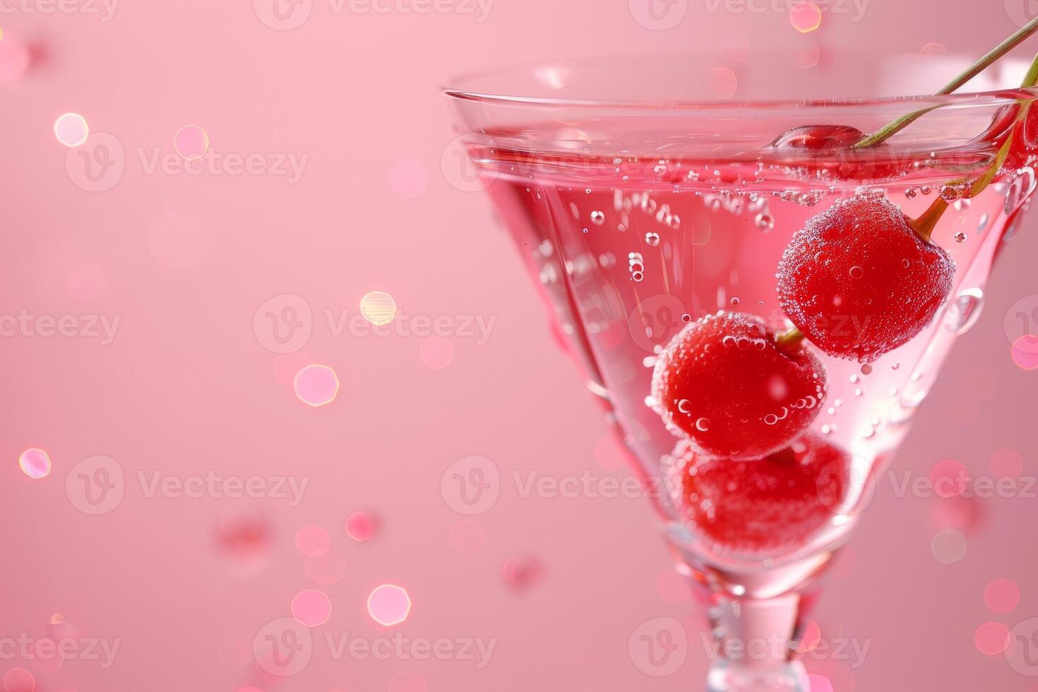 Sparkling cocktail with cherries on pink background with bokeh effect photo