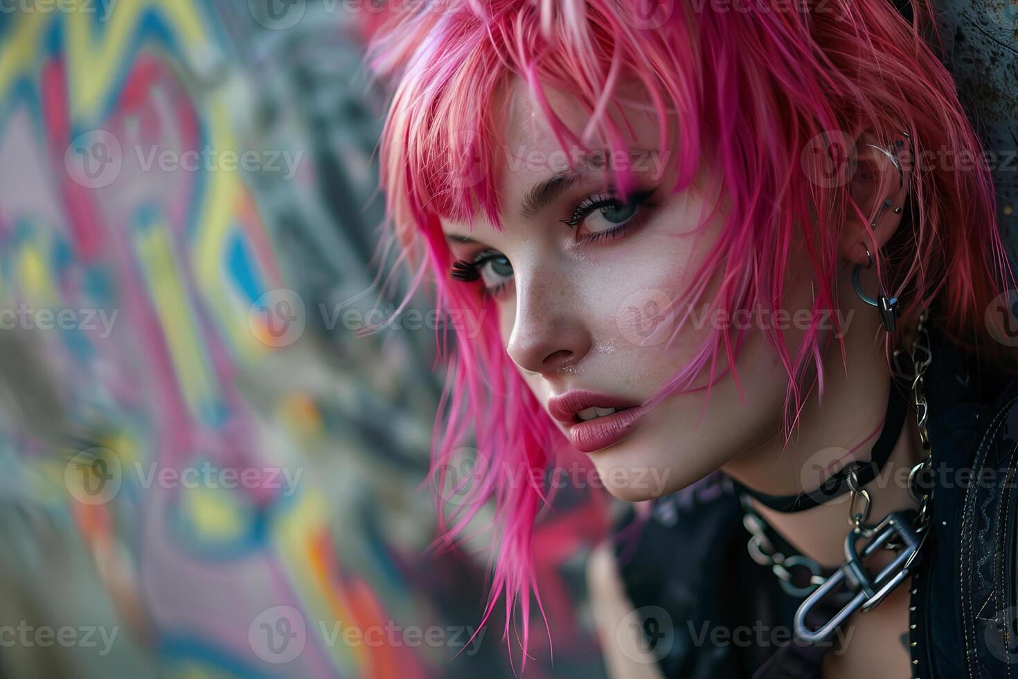 Young urban model posing with pink hair and metal chain necklace photo