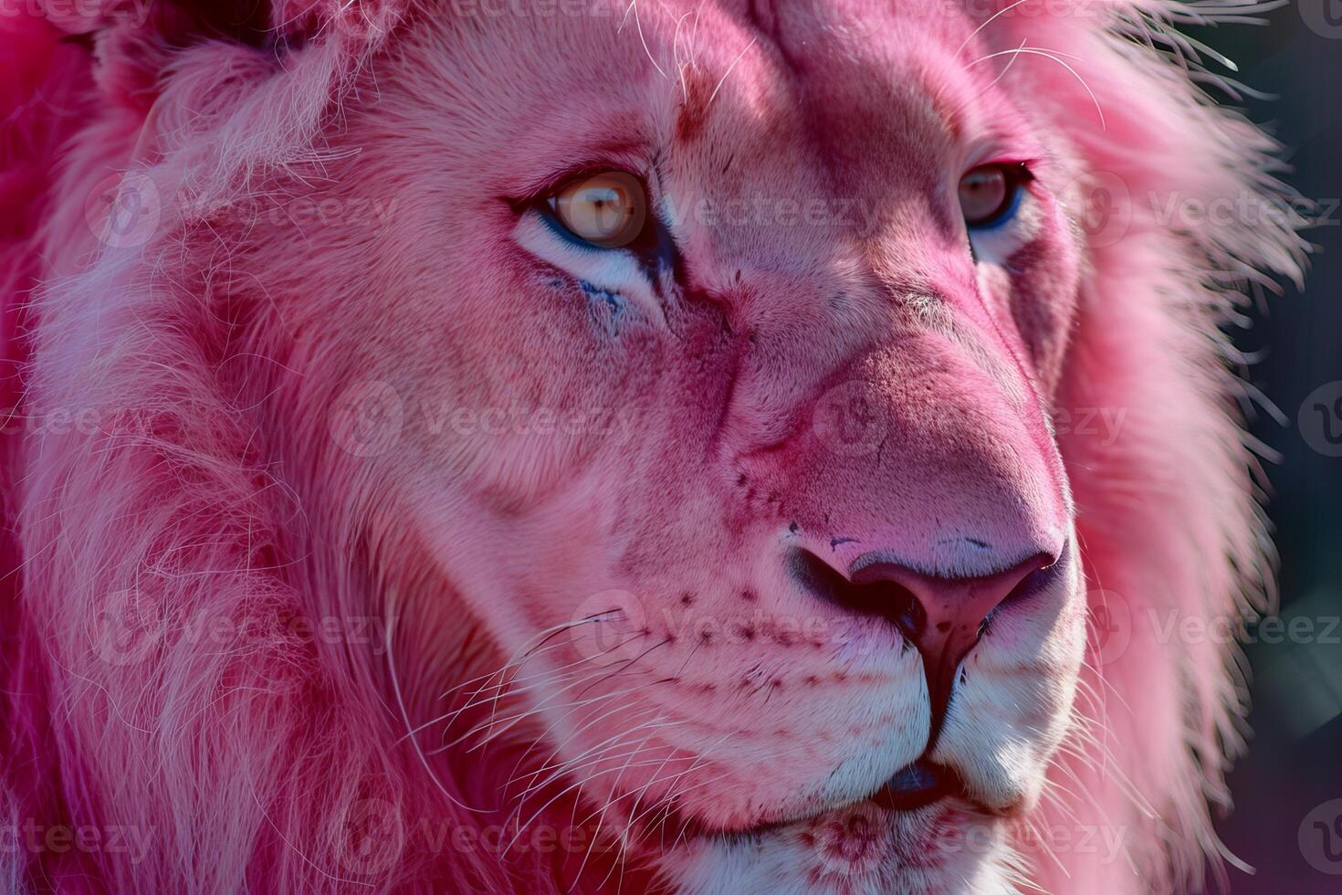 Pink lion observing majestically in the wild photo