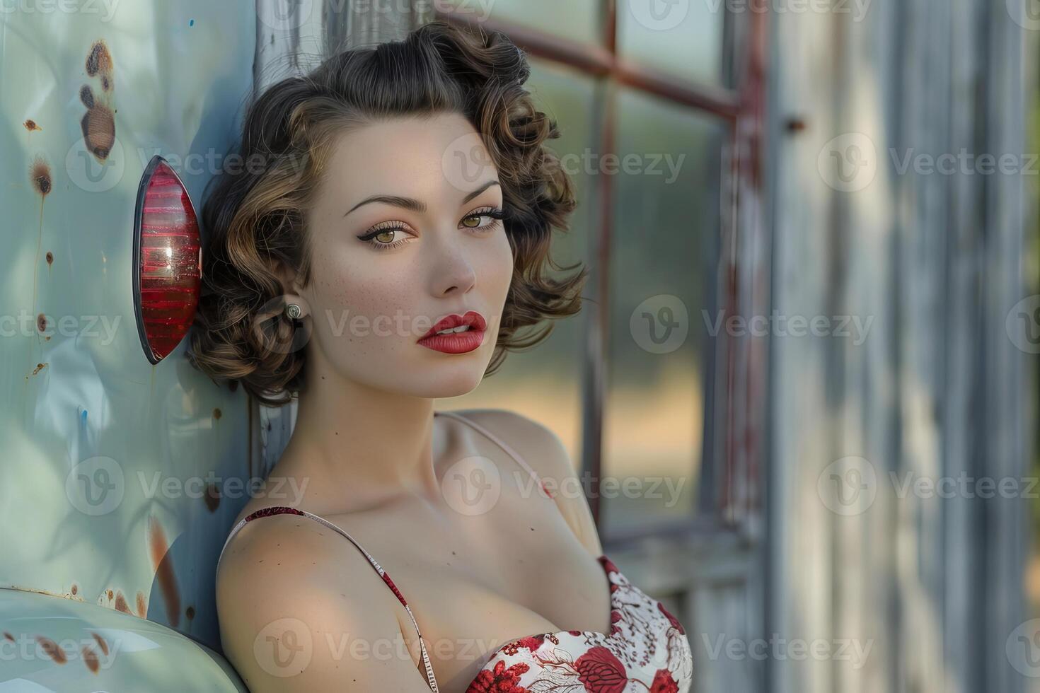 Beautiful pin up model posing near vintage car in rustic setting photo