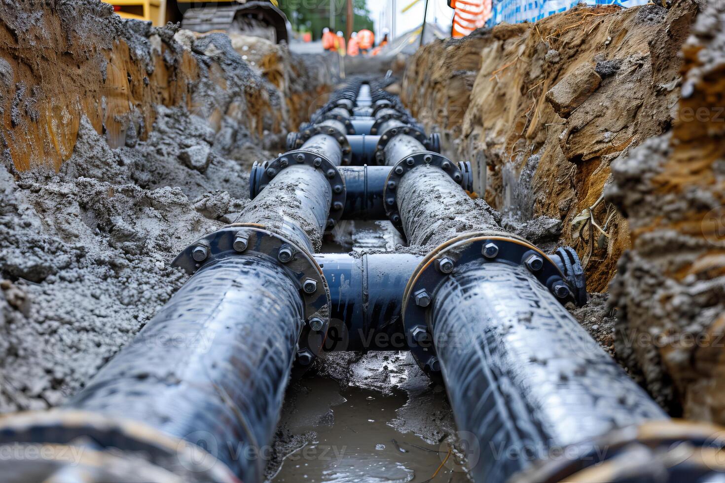 Laying new underground industrial pipes in a trench during road construction photo