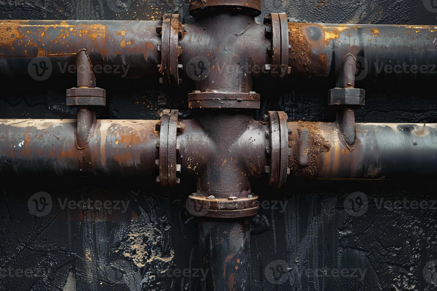 Rusty industrial pipes crossing on dark background photo