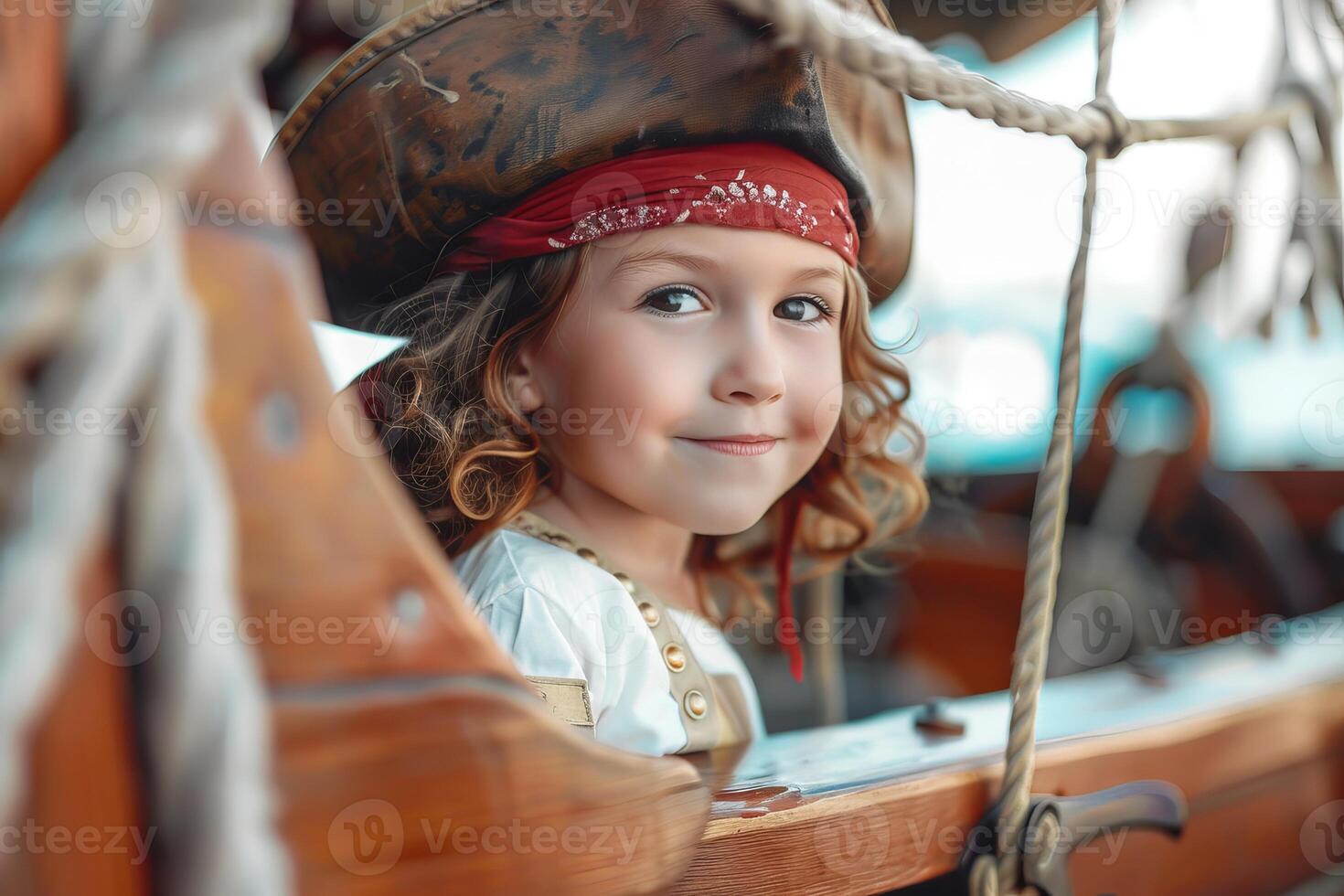 Young girl wearing pirate costume smiling on wooden ship photo